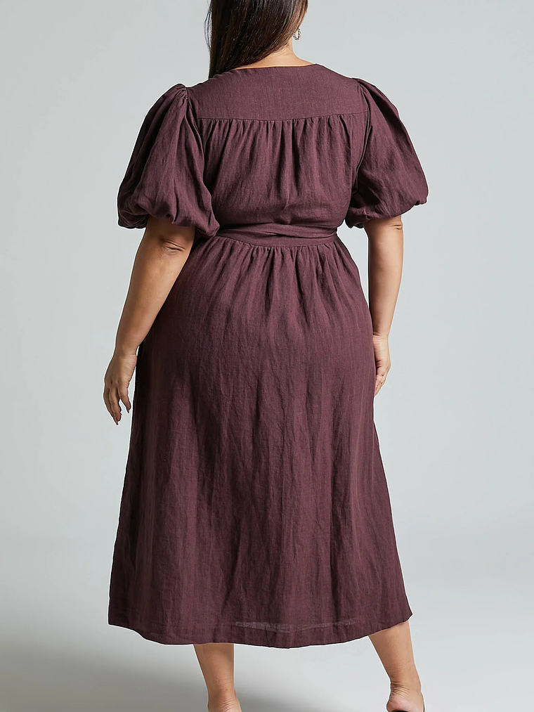 Amalie The Label - Franc Linen Puff Sleeve Wrap Midi Linen Dress 5