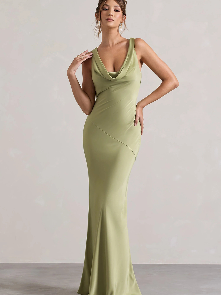 Alesso | Light Olive Satin Cowl-Neck Maxi Dress 5