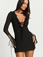 Alesya Mini Dress Ruffle Plunge Neck Long Sleeve Tie Detail Dress in Black - thumbnail 5