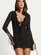 Alesya Mini Dress Ruffle Plunge Neck Long Sleeve Tie Detail Dress in Black - thumbnail 1