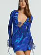 Alesya Mini Dress Ruffle Plunge Neck Long Sleeve Tie Detail Dress in Blue Abstract - thumbnail 1