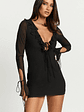Alesya Mini Dress Ruffle Plunge Neck Long Sleeve Tie Detail Dress in Black - thumbnail 3