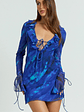 Alesya Mini Dress Ruffle Plunge Neck Long Sleeve Tie Detail Dress in Blue Abstract - thumbnail 5