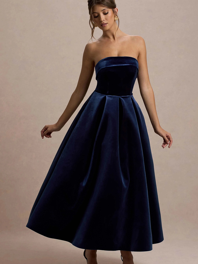 Addina | Navy Velvet Bandeau Skater Midi Dress 1