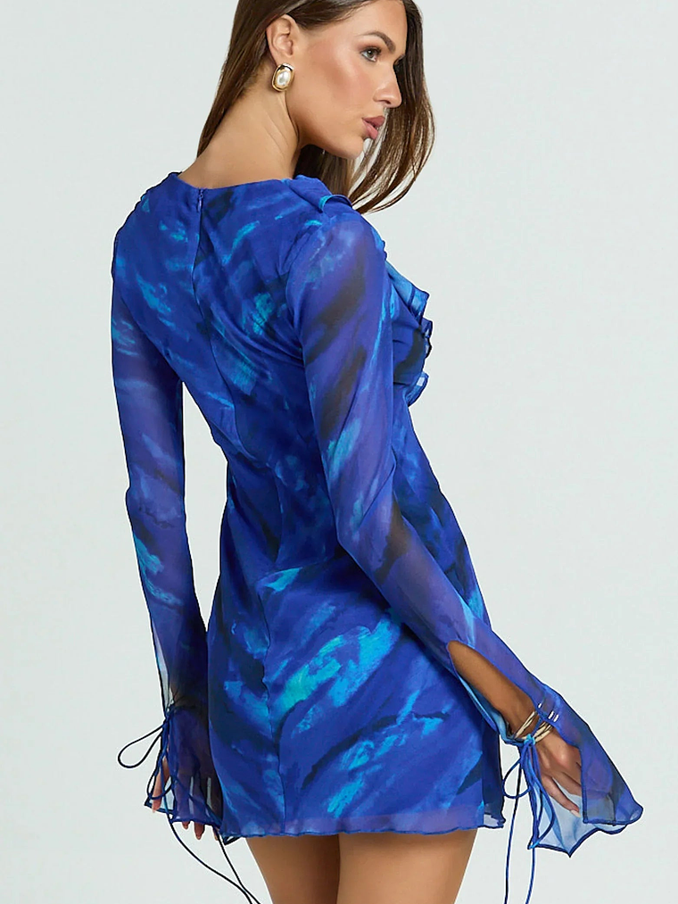 Alesya Mini Dress Ruffle Plunge Neck Long Sleeve Tie Detail Dress in Blue Abstract 6
