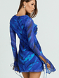 Alesya Mini Dress Ruffle Plunge Neck Long Sleeve Tie Detail Dress in Blue Abstract - thumbnail 6