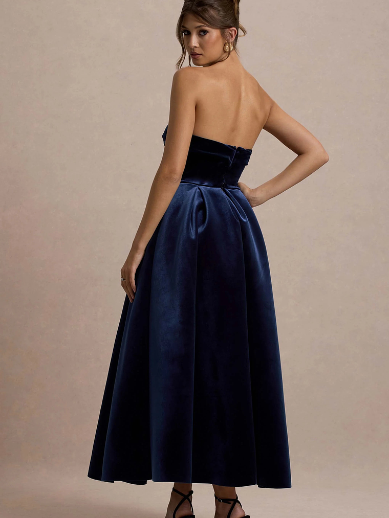 Addina | Navy Velvet Bandeau Skater Midi Dress 2