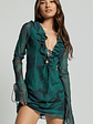 Alesya Mini Dress Ruffle Plunge Neck Long Sleeve Tie Detail Dress in Moss Adeana - thumbnail 2