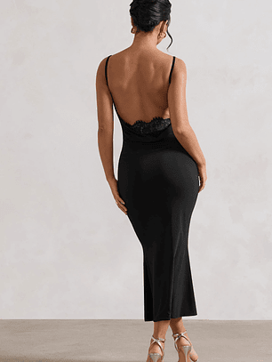 Addison | Black Cowl-Neck Open-Back Midi Dress With Lace