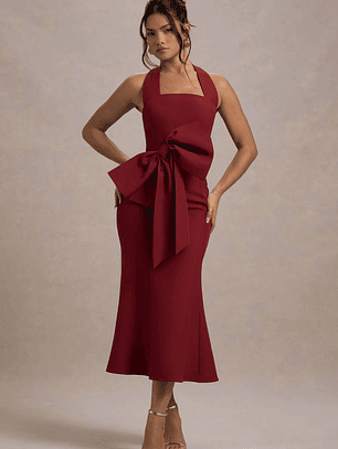 Aman | Berry Halter-Neck Midi Dress With Oversized Bow