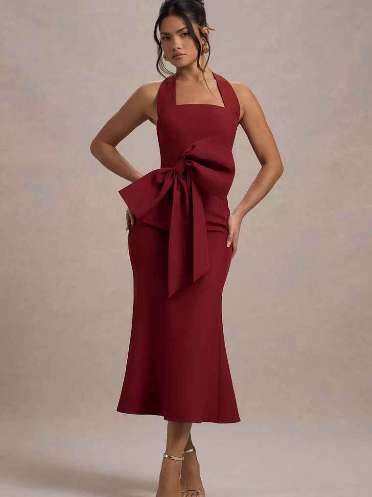 Aman | Berry Halter-Neck Midi Dress With Oversized Bow 1