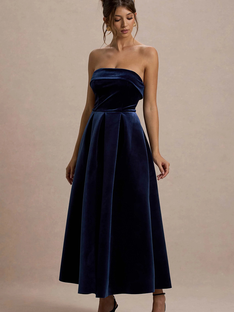 Addina | Navy Velvet Bandeau Skater Midi Dress 4