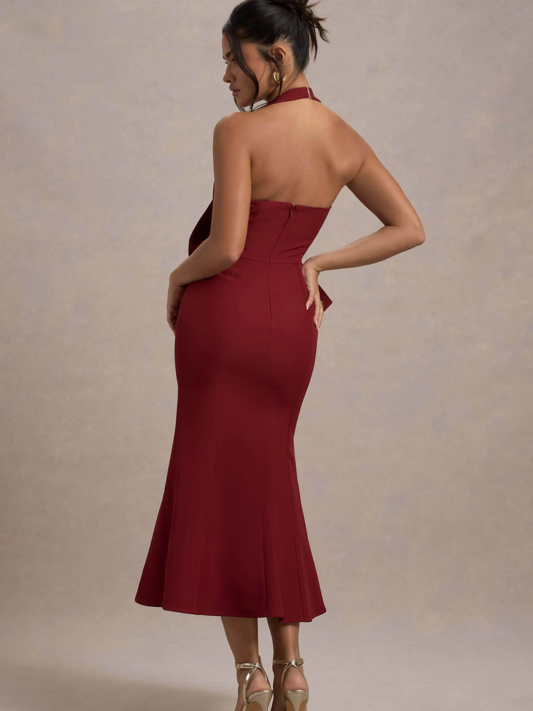 Aman | Berry Halter-Neck Midi Dress With Oversized Bow 2