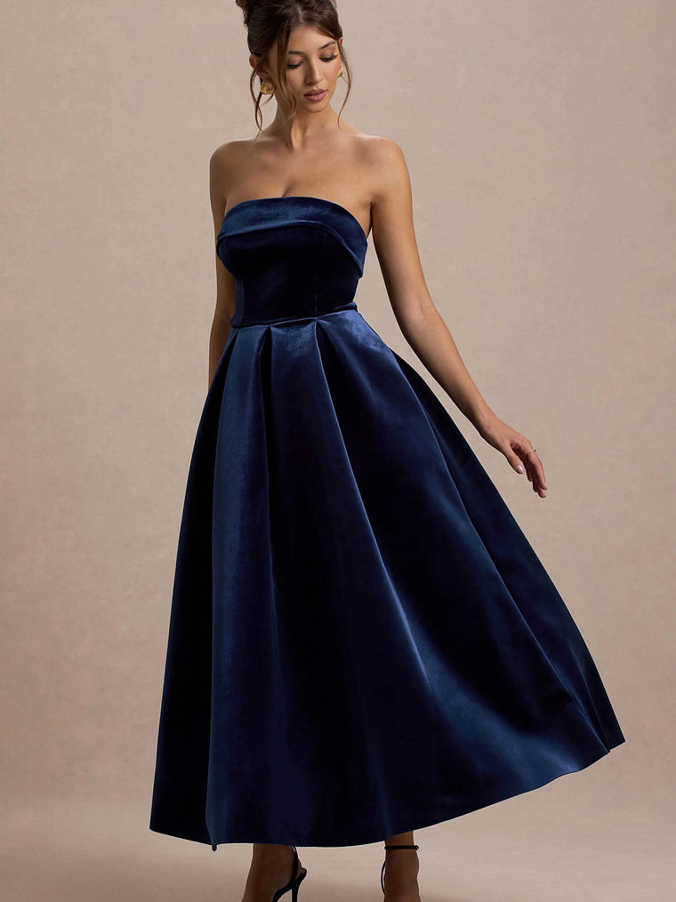 Addina | Navy Velvet Bandeau Skater Midi Dress 5