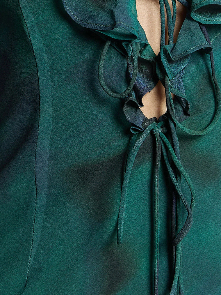 Alesya Mini Dress Ruffle Plunge Neck Long Sleeve Tie Detail Dress in Moss Adeana 3