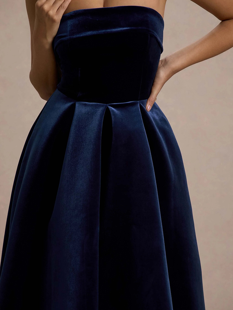 Addina | Navy Velvet Bandeau Skater Midi Dress 7
