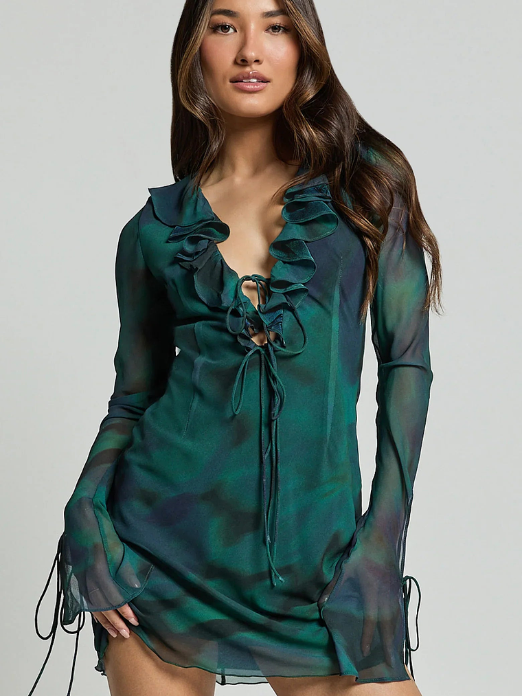 Alesya Mini Dress Ruffle Plunge Neck Long Sleeve Tie Detail Dress in Moss Adeana 6