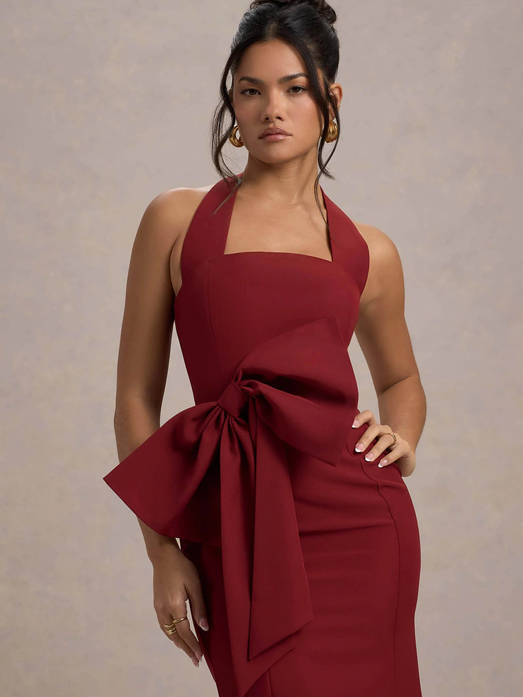 Aman | Berry Halter-Neck Midi Dress With Oversized Bow 4