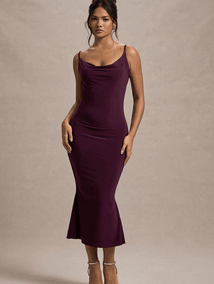 Addison | Port Cowl-Neck Open-Back Midi Dress With Lace