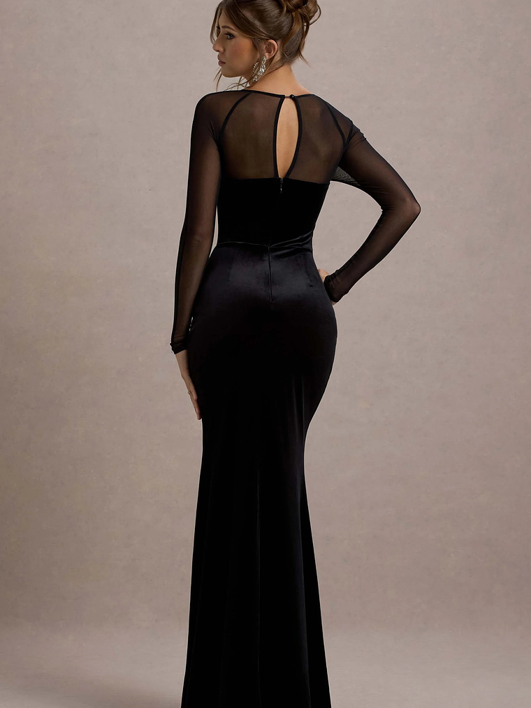 Ashby | Black Velvet Embellished Square-Neck Split Maxi Dress 2
