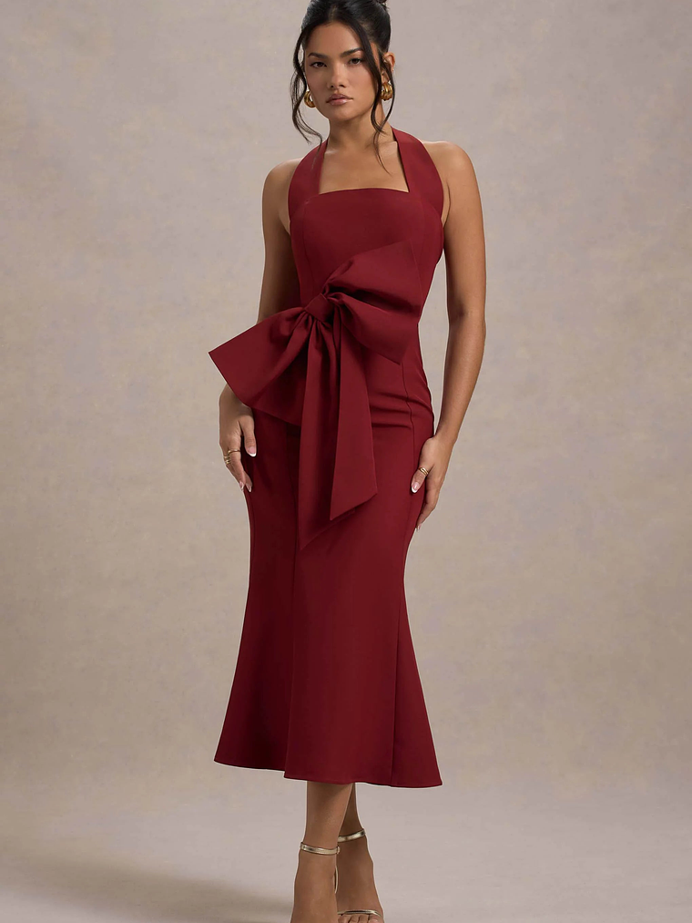 Aman | Berry Halter-Neck Midi Dress With Oversized Bow 6