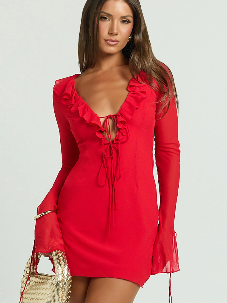 Alesya Mini Dress Ruffle Plunge Neck Long Sleeve Tie Detail Dress in Red 2