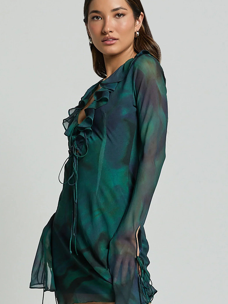 Alesya Mini Dress Ruffle Plunge Neck Long Sleeve Tie Detail Dress in Moss Adeana 7