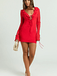 Alesya Mini Dress Ruffle Plunge Neck Long Sleeve Tie Detail Dress in Red - thumbnail 3