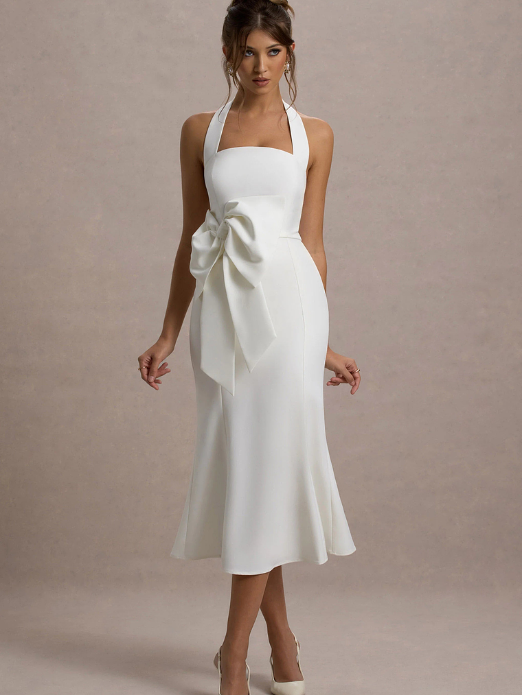 Aman | White Halter-Neck Midi Dress With Oversized Bow 3