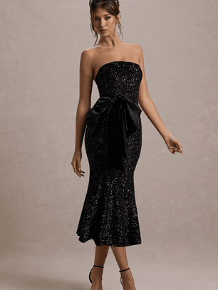 Adee | Black Sequin Velvet Halter-Neck Midi Dress With Bow