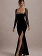 Ashby | Black Velvet Embellished Square-Neck Split Maxi Dress - thumbnail 4