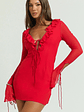 Alesya Mini Dress Ruffle Plunge Neck Long Sleeve Tie Detail Dress in Red - thumbnail 4