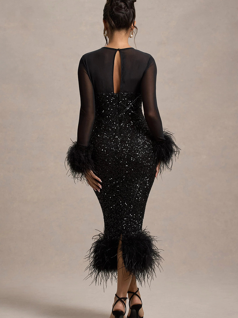 Afterglow | Black Sequin Long-Sleeve Midi Dress With Feather Trims 2