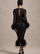 Afterglow | Black Sequin Long-Sleeve Midi Dress With Feather Trims - thumbnail 2