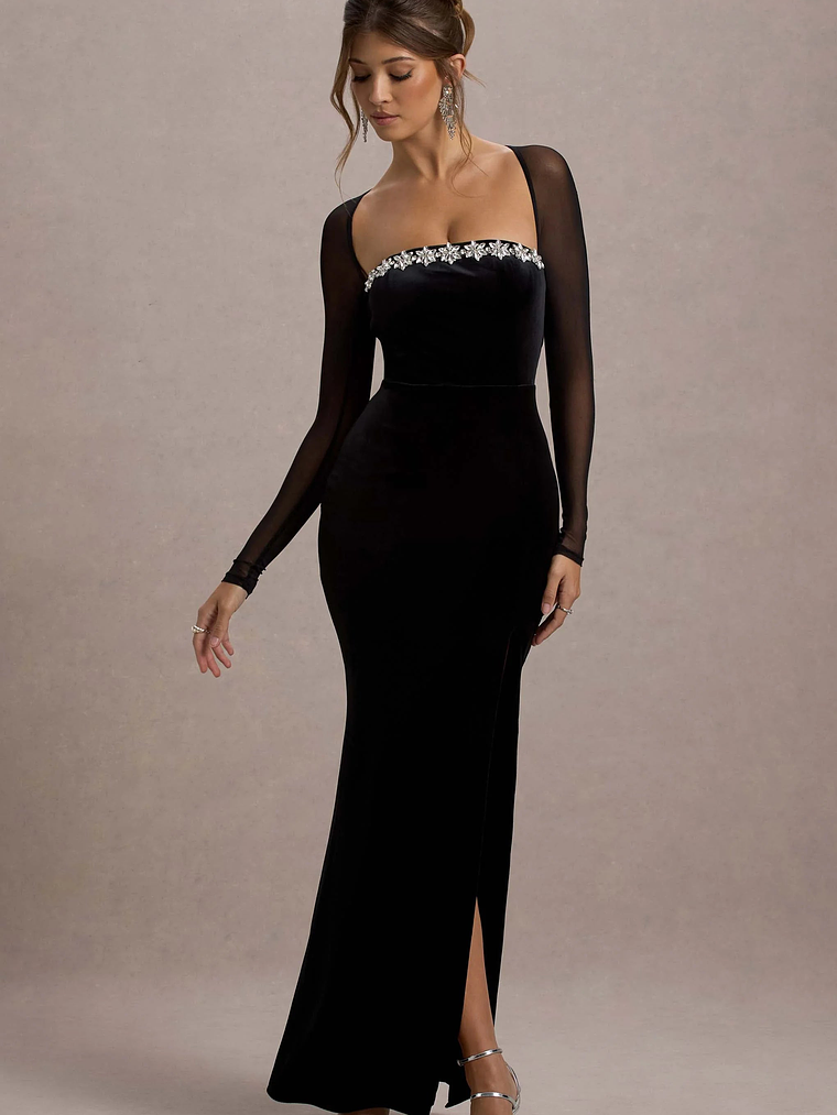 Ashby | Black Velvet Embellished Square-Neck Split Maxi Dress 6