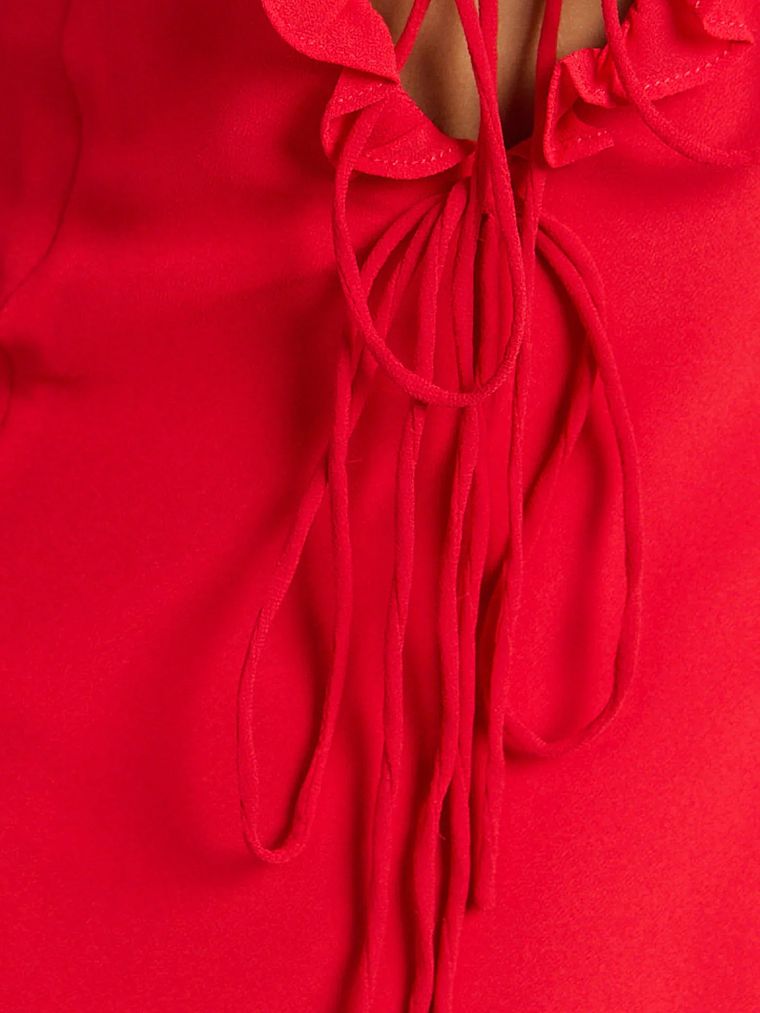 Alesya Mini Dress Ruffle Plunge Neck Long Sleeve Tie Detail Dress in Red 7