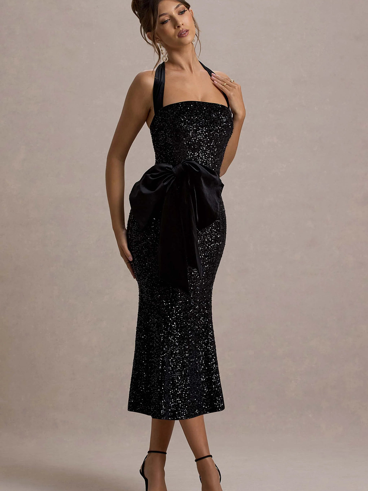 Adee | Black Sequin Velvet Halter-Neck Midi Dress With Bow 4