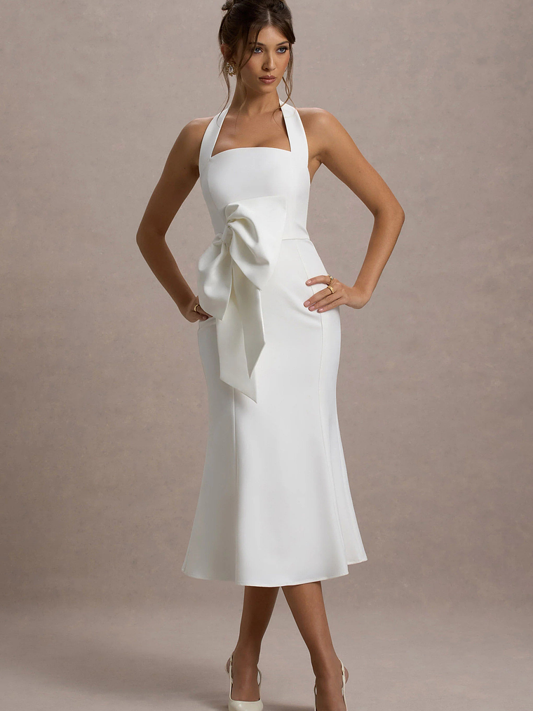 Aman | White Halter-Neck Midi Dress With Oversized Bow 6