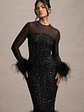 Afterglow | Black Sequin Long-Sleeve Midi Dress With Feather Trims - thumbnail 3