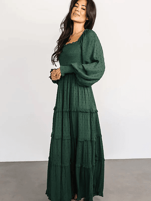 Amanda Smocked Dotted Maxi Dress | Evergreen