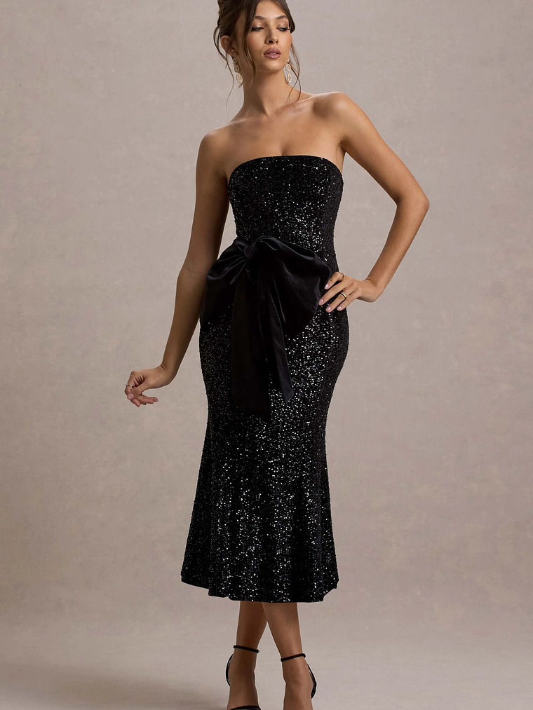 Adee | Black Sequin Velvet Halter-Neck Midi Dress With Bow 5