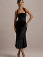 Adee | Black Sequin Velvet Halter-Neck Midi Dress With Bow - thumbnail 6
