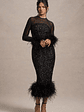 Afterglow | Black Sequin Long-Sleeve Midi Dress With Feather Trims - thumbnail 5