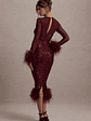Afterglow | Port Sequin Long-Sleeve Midi Dress With Feather Trims - thumbnail 2