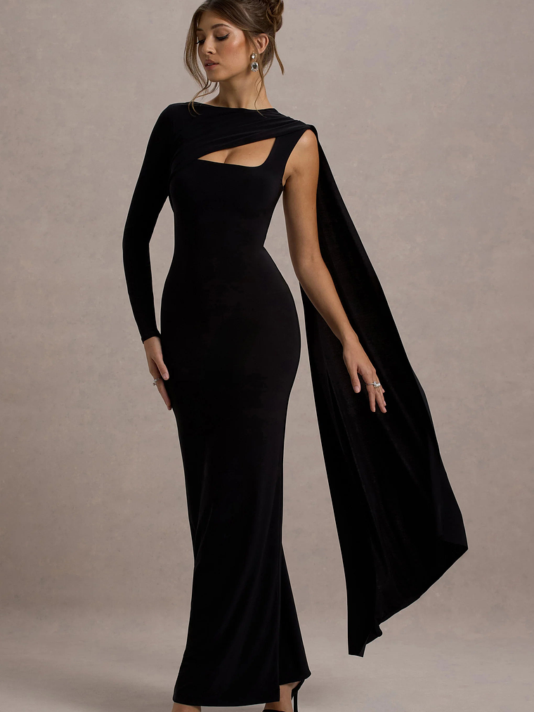 Ashini | Black One-Sleeve Maxi Dress With Cape 1