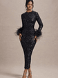 Analina | Navy Sequin Long-Sleeved Midi Dress With Feather Cuffs - thumbnail 1