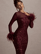 Afterglow | Port Sequin Long-Sleeve Midi Dress With Feather Trims - thumbnail 3