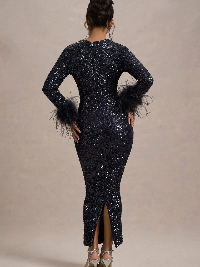 Analina | Navy Sequin Long-Sleeved Midi Dress With Feather Cuffs 2