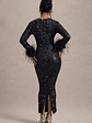 Analina | Navy Sequin Long-Sleeved Midi Dress With Feather Cuffs - thumbnail 2
