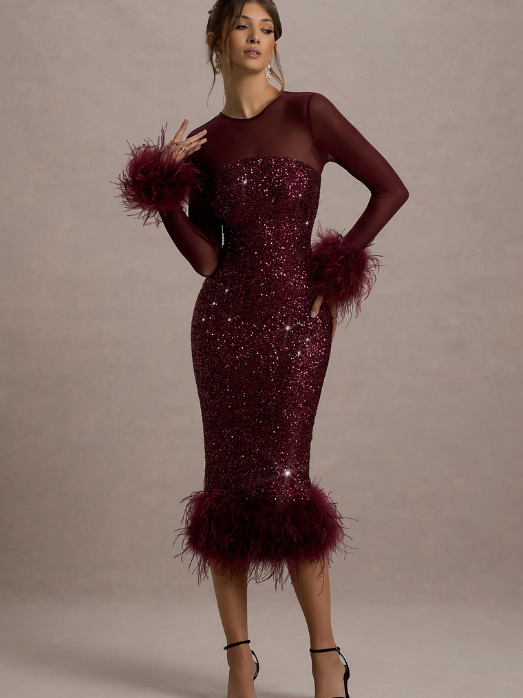 Afterglow | Port Sequin Long-Sleeve Midi Dress With Feather Trims 4